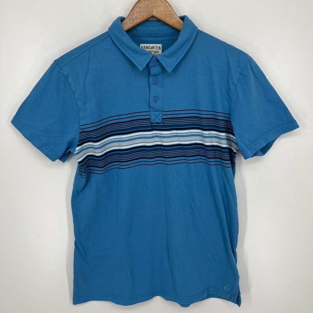 Hang Ten Mens Blue Striped Short Sleeve Cotton Polo Shirt Size M